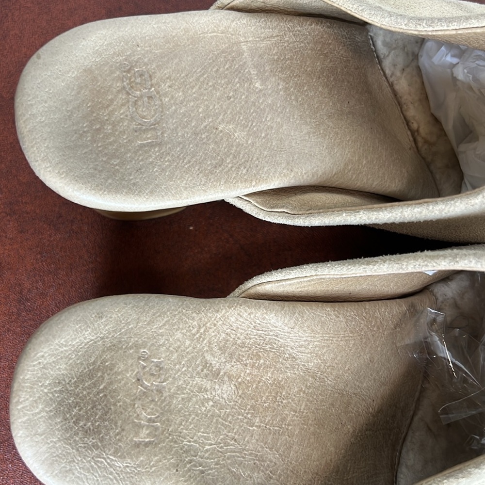 UGG Cream Suede Clog Heels with Wood Platform - Picture 5 of 13